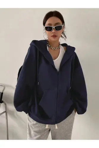 Kulrang kapüşonli unisex fermuarlı kurtka, ichi şardonli - ko'k hırka 