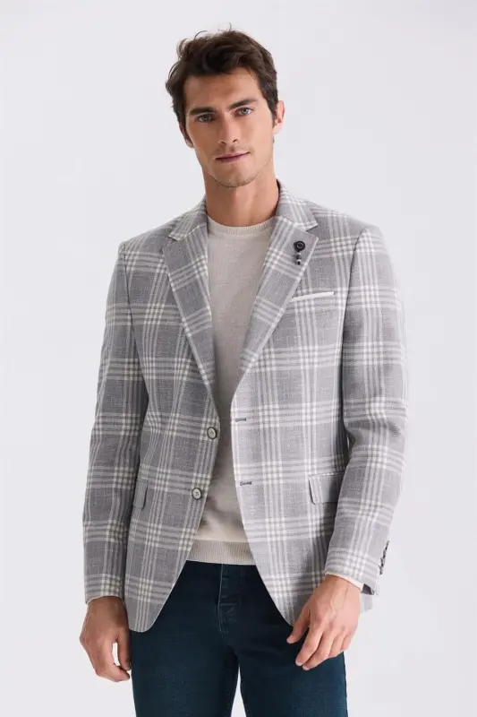 Kulrang klassik bichim katakli mono yoqa jaket - 1