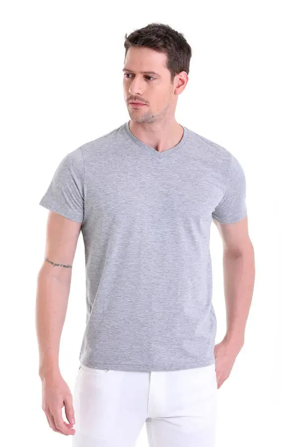 Kulrang muntazam uyum tek düz 100% paxta V-bo'yinli futbolka - 4