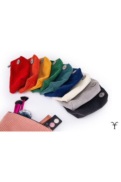 Kulrang oqlangan qo'lda tayyorlangan qalin korduroy baxmal kosmetika sumkasi - 8