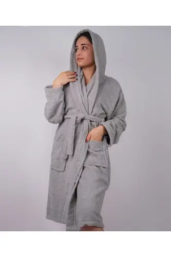 Kulrang rangli %100 paxta bukle kapyushonli model xalat (S-M-L-XL-2XL-3XL-4XL) Katta va battal o'lcham - Kulrang - DC TEKS (1)