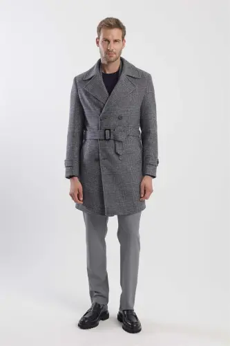 Kulrang Slim Fit Dengizchi Yoqali Karolar Jun Palto 