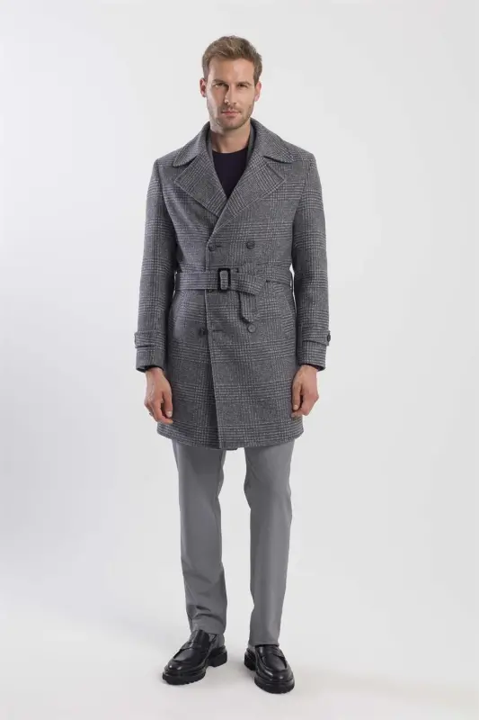 Kulrang Slim Fit Dengizchi Yoqali Karolar Jun Palto - JAKAMEN