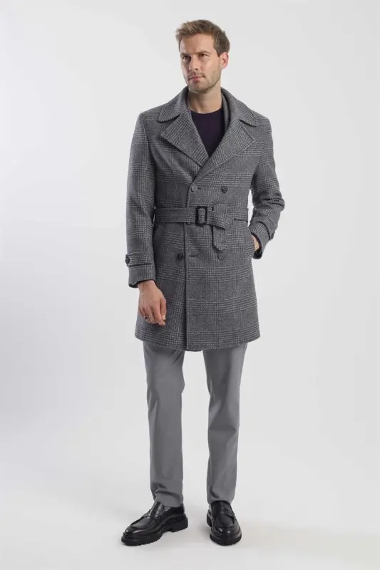 Kulrang Slim Fit Dengizchi Yoqali Karolar Jun Palto - 3