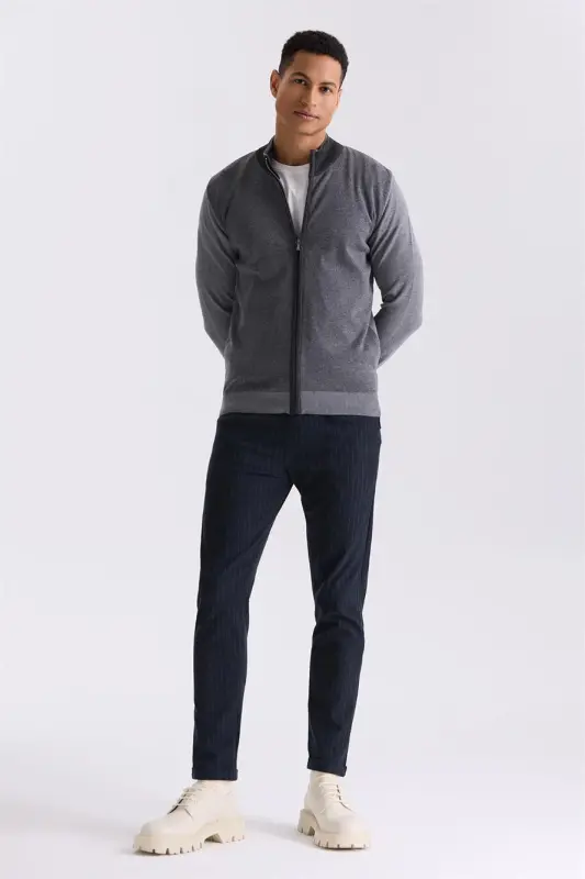 Kulrang Slim Fit Fermuarli Trikotaj Kardigan - 2