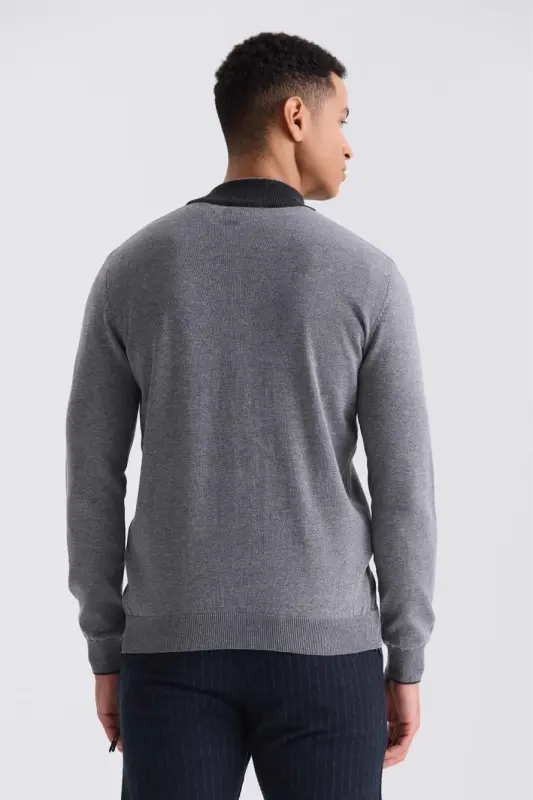 Kulrang Slim Fit Fermuarli Trikotaj Kardigan - 4