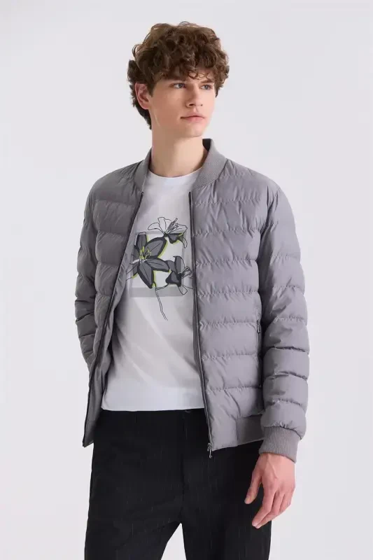 Kulrang Slim Fit Ko'ylak Yaxasi Palto - JAKAMEN