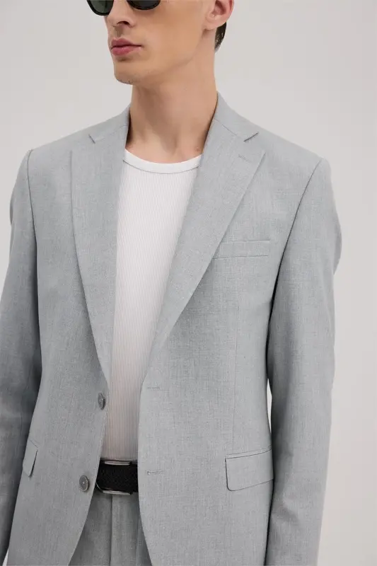 Kulrang Slim Fit Mono Yoqali Kostyum - 3