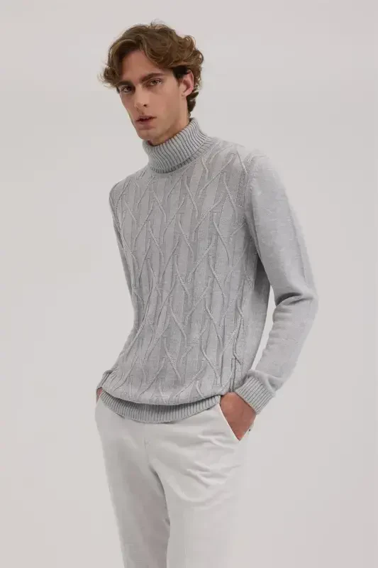 Kulrang Slim Fit naqshli to'liq baliqchi yoqali triko - JAKAMEN