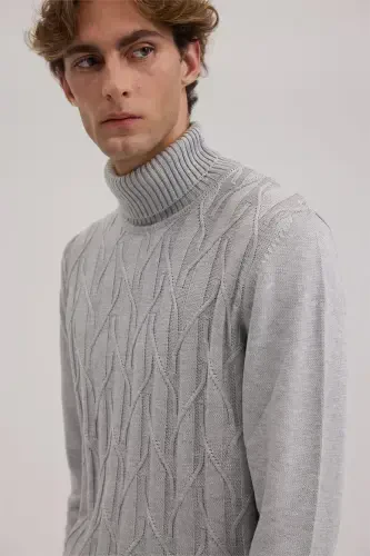 Kulrang Slim Fit naqshli to'liq baliqchi yoqali triko - 3