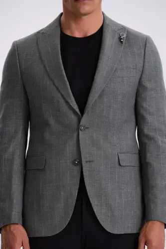 Kulrang Slim Fit Qaldirg'och Yoqali Chiziqli Zig'ir Paxta Mavsumiy Kurtka - 3