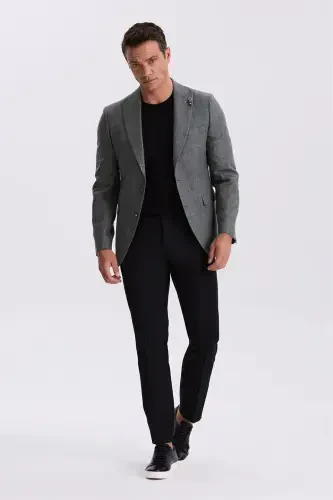 Kulrang Slim Fit Qaldirg'och yoqali chiziqli zig'ir paxta mavsumiy kurtka - JAKAMEN (1)