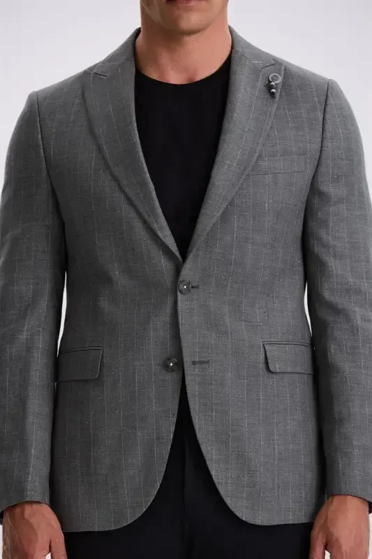 Kulrang Slim Fit Qaldirg'och yoqali chiziqli zig'ir paxta mavsumiy kurtka - 3