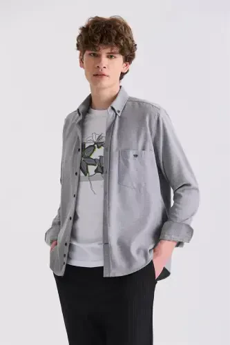 Kulrang Slim Fit Tugmali Yoqali Paxtali Cho'ntakli Ko'ylak - JAKAMEN (1)