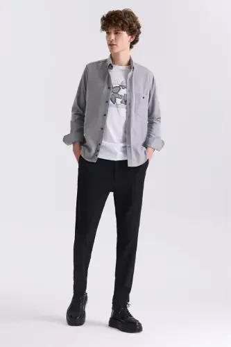 Kulrang Slim Fit Tugmali Yoqali Paxtali Cho'ntakli Ko'ylak - JAKAMEN (1)