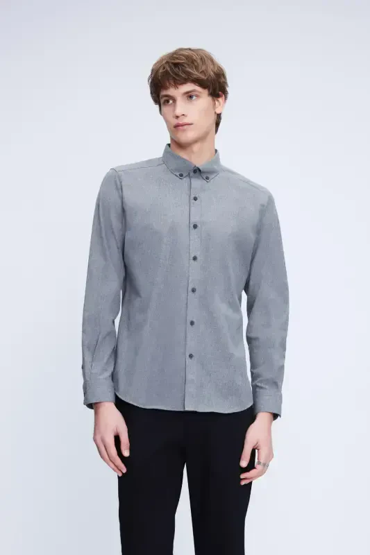 Kulrang Slim Fit uzun qisma tugmachali yoqali paxta ko'ylak - Kulrang - 1