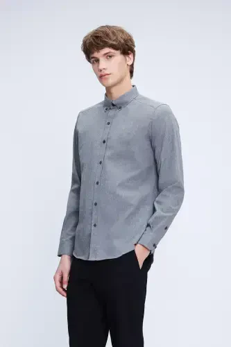 Kulrang Slim Fit uzun qisma tugmachali yoqali paxta ko'ylak - Kulrang - 3