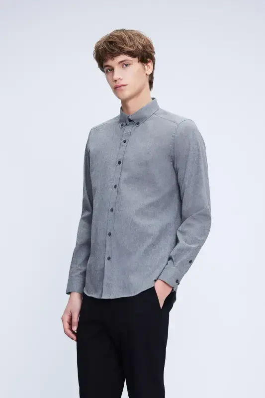 Kulrang Slim Fit uzun qisma tugmachali yoqali paxta ko'ylak - Kulrang - 3