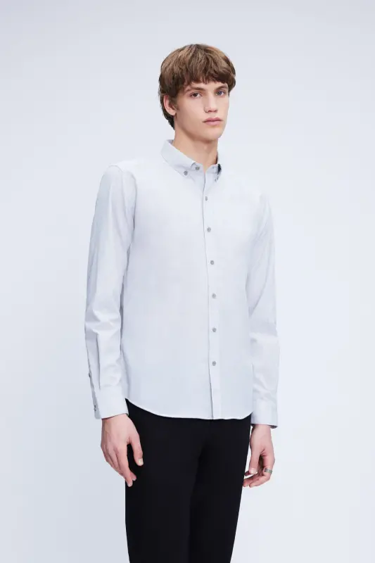 Kulrang Slim Fit uzun qisma tugmali yoqali paxtali ko'ylak - HATEMOĞLU