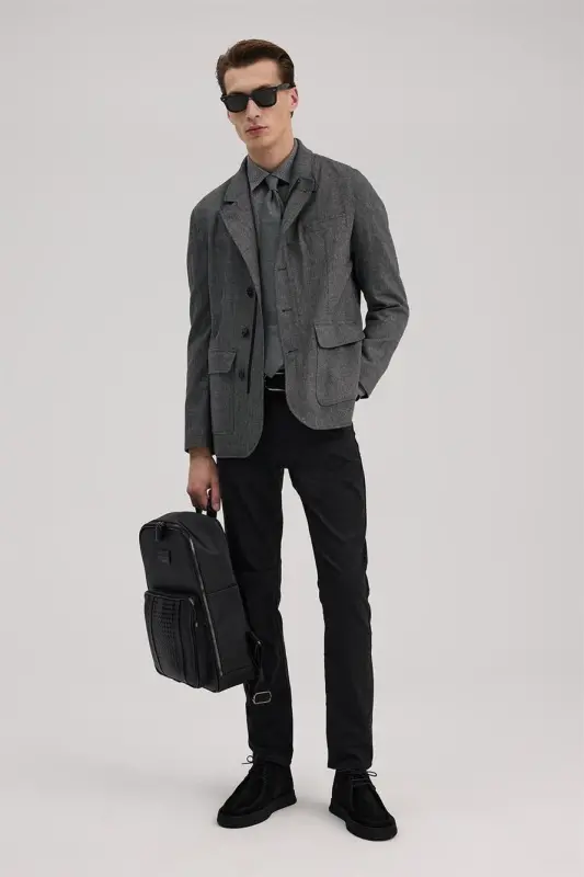 Kulrang Slim Fit Yoqali Baqlajakli Kurtka - JAKAMEN