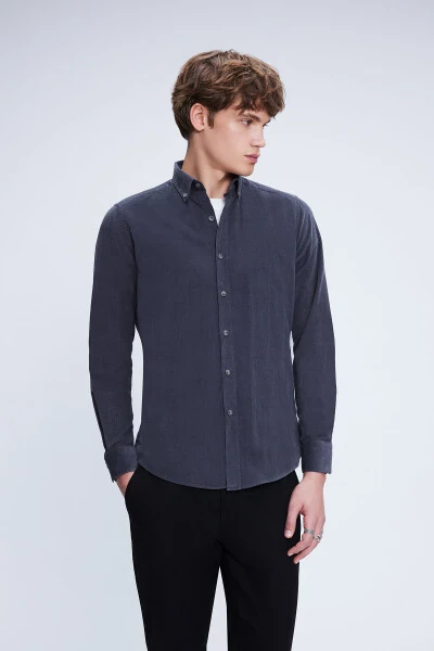 Kulrang tor bichimli 100% paxta tugmali yoqali uzun yengli - HATEMOĞLU