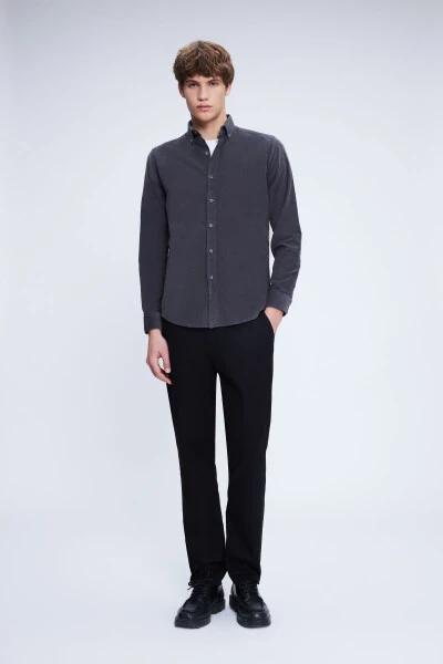 Kulrang tor bichimli 100% paxta tugmali yoqali uzun yengli - HATEMOĞLU (1)