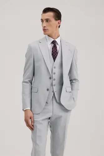 Kulrang torsimon, mono yoqali, juft yirtiqli yelek bilan slim fit kostyum - JAKAMEN (1)