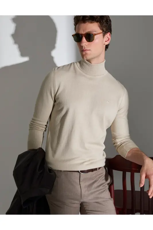 Kum Melanj Slim Fit Balıkçı Yaka Basic Triko Kazak 50314202-VR123 - Kum Melanj - 1