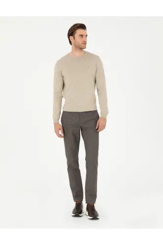 Kum Melanj Slim Fit Bisiklet Yaka Basic Triko Kazak 50296621-VR123-Kum Melanj - 4