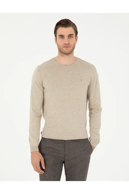 Kum Melanj Slim Fit Bisiklet Yaka Basic Triko Kazak 50296621-VR123 - Kum Melanj - PIERRE CARDIN