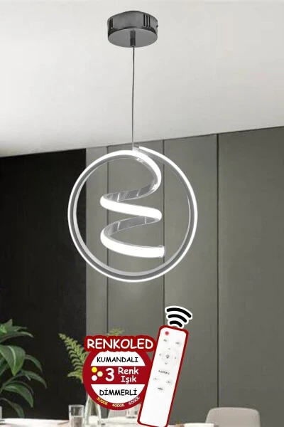 Kumandalı 3 Renk Işıklı Modern Sarkıt Led Avize Krom Kasa Antre, Hol, Oda Helezon-KROM - RENKOLED AYDINLATMA