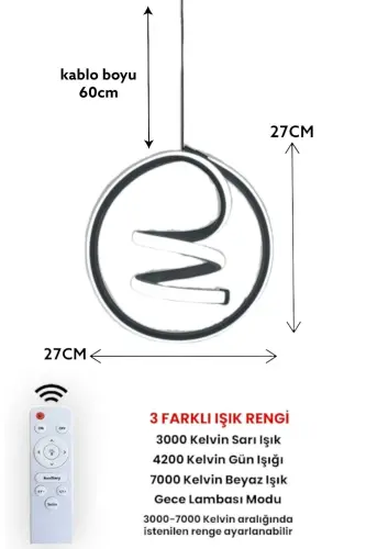 Kumandalı 3 Renk Modern Sarkıt Led Avize Gümüş Gri Kasa - Gümüş Gri Beyaz Işık - 3
