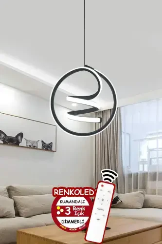 Kumandalı 3 Renk Modern Sarkıt Led Avize Siyah Kasa-siyah beyaz ışık - 1