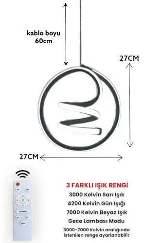 Kumandalı 3 Renk Modern Sarkıt Led Avize Siyah Kasa - siyah beyaz ışık - 3