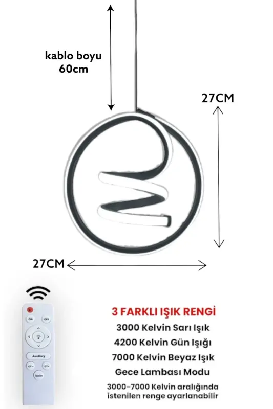 Kumandalı 3 Renk Modern Sarkıt Led Avize Siyah Kasa - siyah beyaz ışık - 3