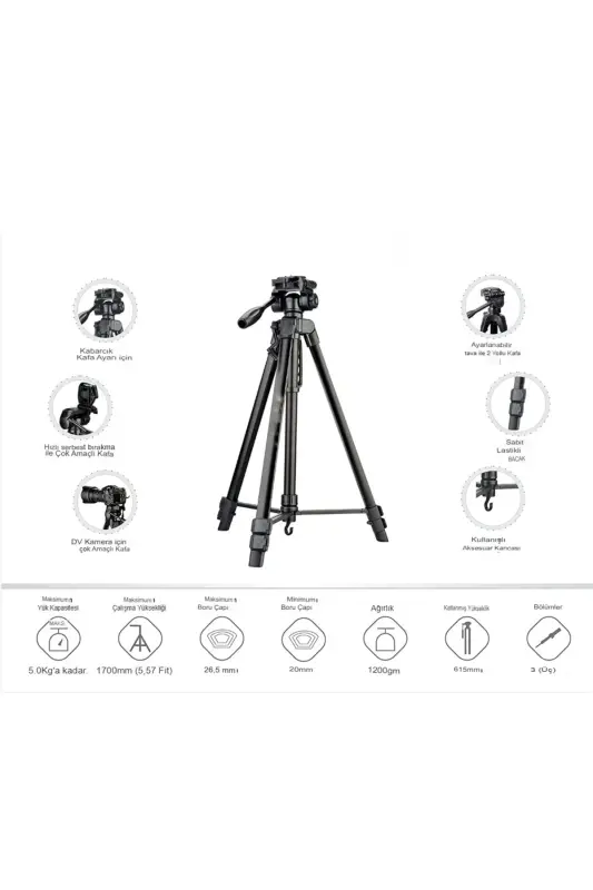 Kumandalı Tripod 155 Kamera Telefon Tripod Profesyonel 1.5m Su Terazili Tripod-8830 - 6