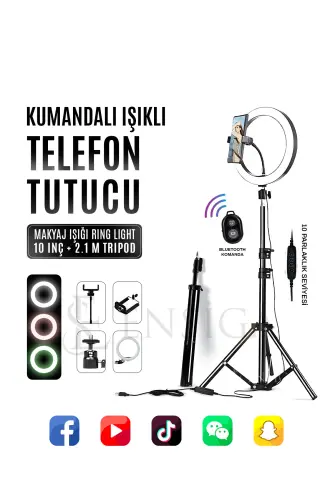 Kumandalı Youtuber Tiktok Çekim Işıklı Telefon Tutucu Makyaj Işığı Ring Light 10 Inç + 2.1 M Tripod-KUMANDALI 10 SİYAH 