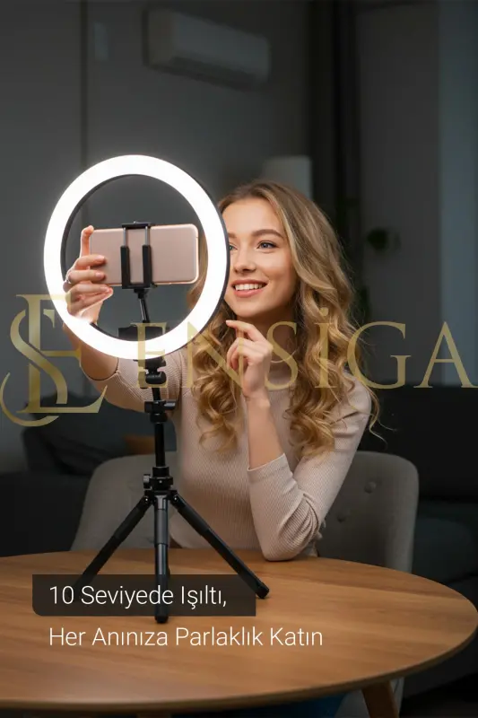 Kumandalı Youtuber Tiktok Çekim Işıklı Telefon Tutucu Makyaj Işığı Ring Light 10 Inç + 2.1 M Tripod-KUMANDALI 10 SİYAH - 3