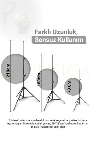 Kumandalı Youtuber Tiktok Çekim Işıklı Telefon Tutucu Makyaj Işığı Ring Light 10 Inç + 2.1 M Tripod-KUMANDALI 10 SİYAH - 6