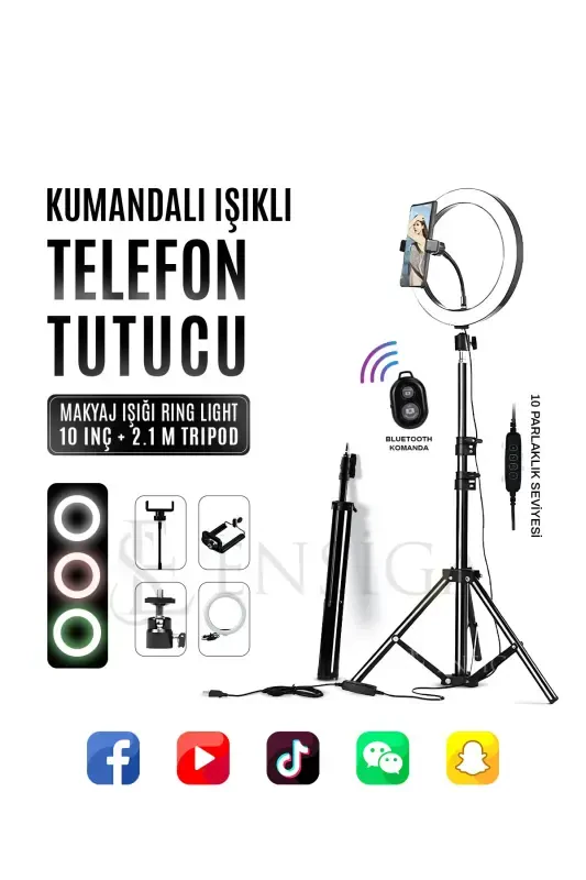 Kumandalı Youtuber Tiktok Çekim Işıklı Telefon Tutucu Makyaj Işığı Ring Light 10 Inç + 2.1 M Tripod-KUMANDALI 10 SİYAH - 1
