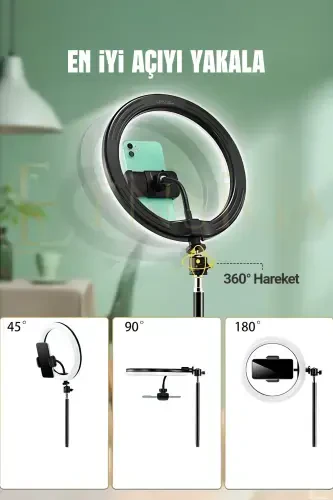Kumandalı Youtuber Tiktok Çekim Işıklı Telefon Tutucu Makyaj Işığı Ring Light 10 Inç + 2.1 M Tripod-KUMANDALI 10 SİYAH - 4