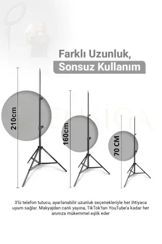 Kumandalı Youtuber Tiktok Çekim Işıklı Telefon Tutucu Makyaj Işığı Ring Light 10 Inç + 2.1 M Tripod-KUMANDALI 10 SİYAH - 6