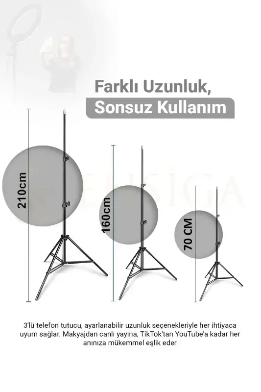 Kumandalı Youtuber Tiktok Çekim Işıklı Telefon Tutucu Makyaj Işığı Ring Light 10 Inç + 2.1 M Tripod-KUMANDALI 10 SİYAH - 6