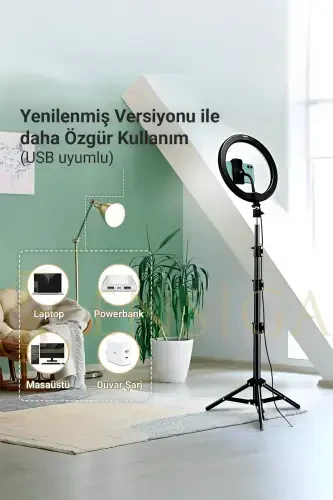 Kumandalı Youtuber Tiktok Çekim Işıklı Telefon Tutucu Makyaj Işığı Ring Light 10 Inç + 2.1 M Tripod-KUMANDALI 10 SİYAH - 8