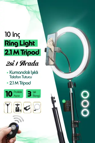 Kumandalı Youtuber Tiktok Çekim Işıklı Telefon Tutucu Makyaj Işığı Ring Light 10 Inç + 2.1 M Tripod - KUMANDALI 10 SİYAH - 8