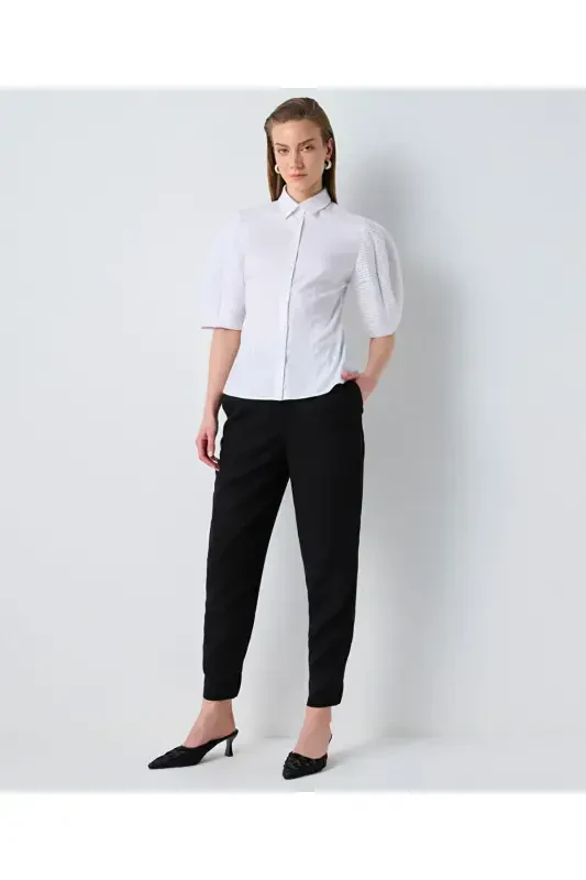 Kumaş mix balon kol gömlek - İPEKYOL