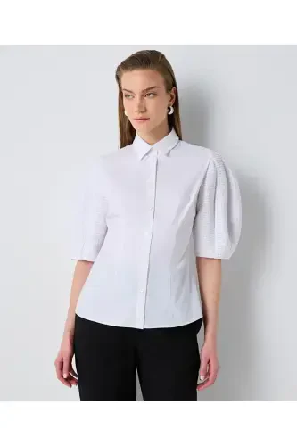 Kumaş mix balon kol gömlek - İPEKYOL (1)