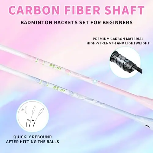 KUMPOO Badminton Racket 2 ta raketkadan iborat to‘plam, karbonli sop, 3 ta patak, 2 ta ustki tutqich va 1 ta raketka sumkasi | 2 o‘yinchi uchun badminton raketkalari va pataklar to‘plami, hovli o‘yinlari, yangi boshlanuvchilar va kattalar uchun - 3