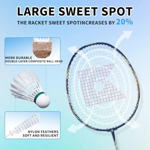 KUMPOO Badminton Racket Set of 2 Carbon Shaft Rackets, 3 Shuttlecocks, 2 Overgrips and 1 Racket Bag | Badminton Rackets and Birdies Complete Sets for 2 Players Backyards Games Beginners Adults - 4