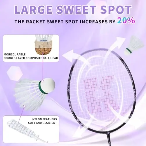 KUMPOO Badminton Racket Set of 2 Carbon Shaft Rackets, 3 Shuttlecocks, 2 Overgrips and 1 Racket Bag | Badminton Rackets and Birdies Complete Sets for 2 Players Backyards Games Beginners Adults - 4